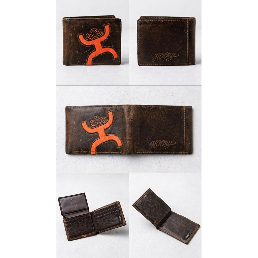 Hooey Men's Distressed Leather Bifold Wallet - Brown & Bright Orange Logo - Picture 6 of 6